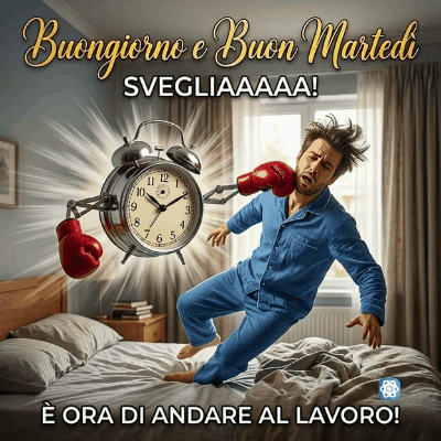 GIF Buongiorno e Buon Martedì Quando la Sveglia Colpisce Duro!